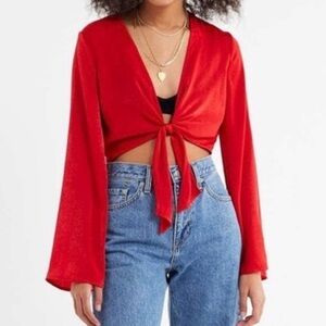 Urban Outfitters Penelope Satin Red Tie-Front Blouse